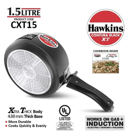 Hawkins 1.5 Litre Contura Black XT Pressure Cooker, Hard Anodised Inner Lid Cooker, Small Induction Cooker, Extra Thick Handi Cooker, Black (CXT15) - Image 4